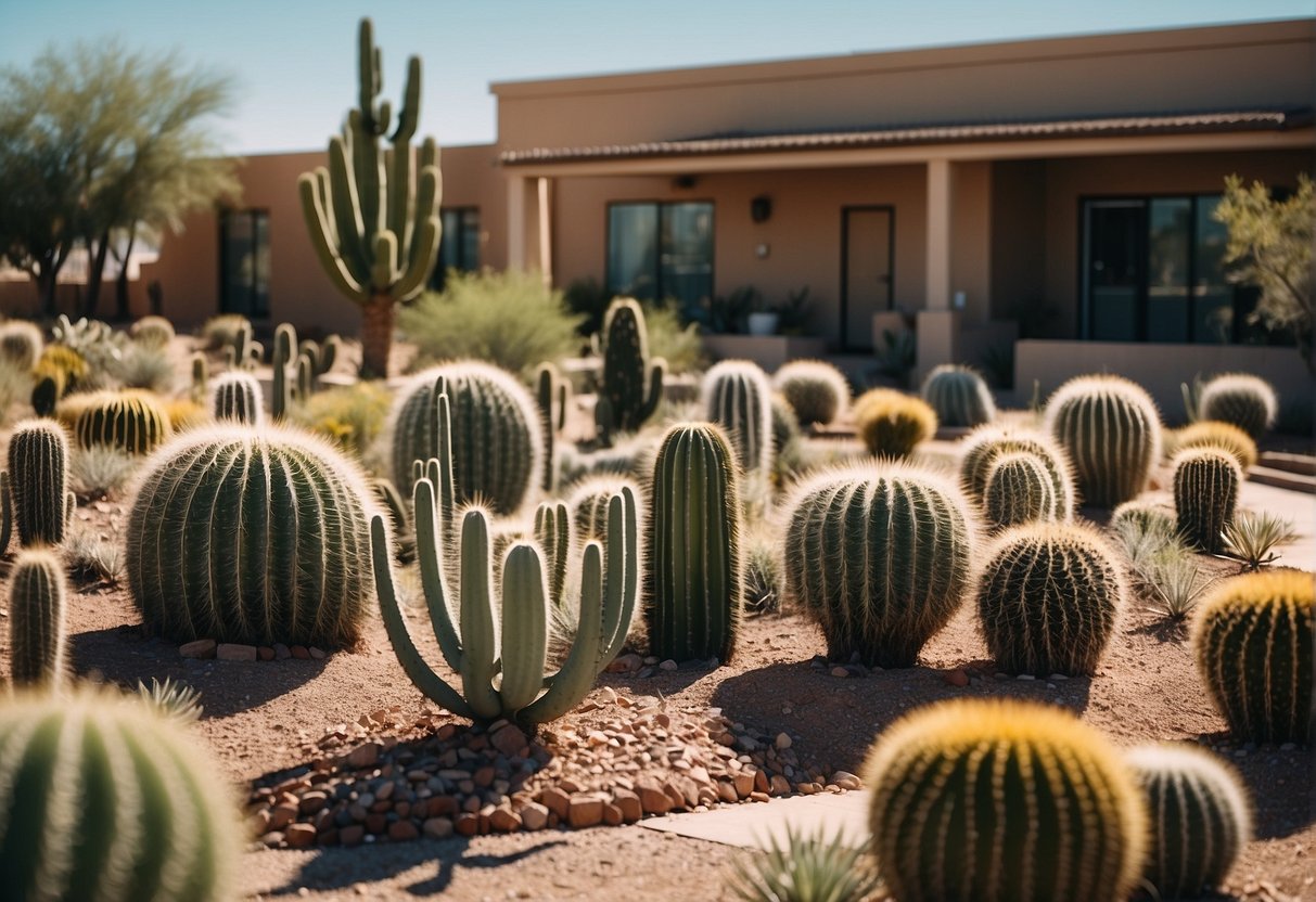 A sunny day in Phoenix, Arizona, with a modern, well-maintained nursing home surrounded by desert landscape and cacti