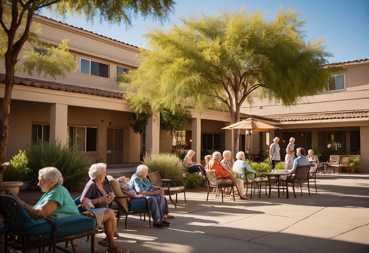 A sunny courtyard with families receiving support at a top-rated nursing home in Phoenix, Arizona