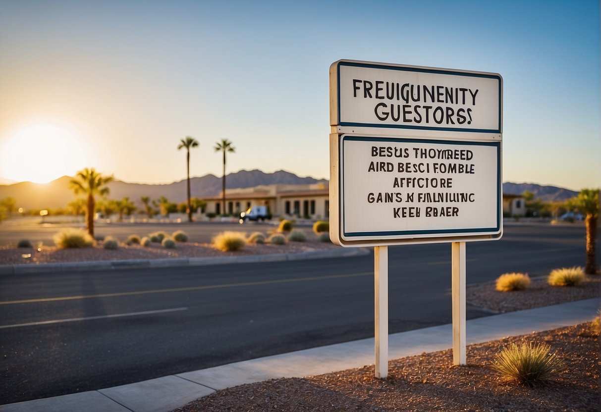 A sign reading "Frequently Asked Questions: Best Nursing Home, Phoenix, Arizona" against a backdrop of the Arizona desert and a clear blue sky