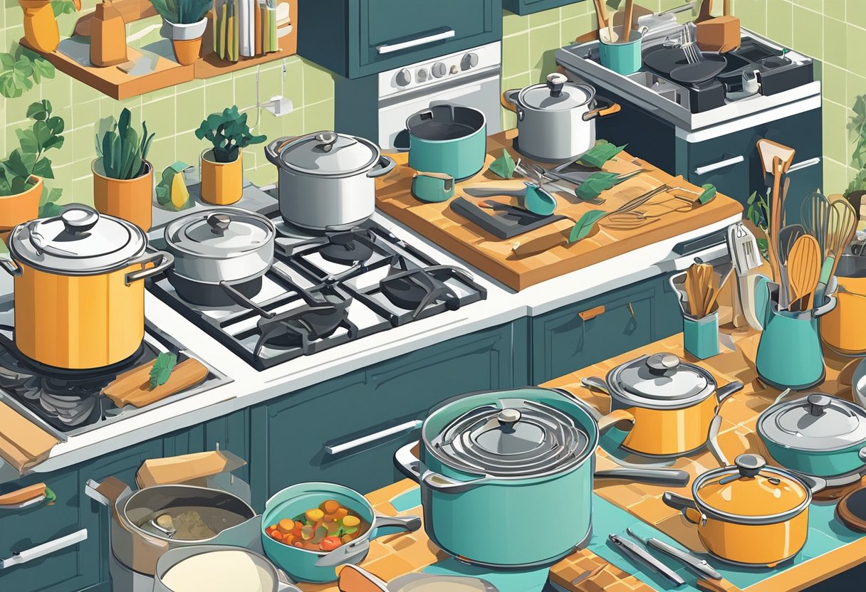 A cluttered kitchen with various cooking utensils, pots, and pans scattered across the countertops. A cookbook is open with pages marked, and a pot is simmering on the stove