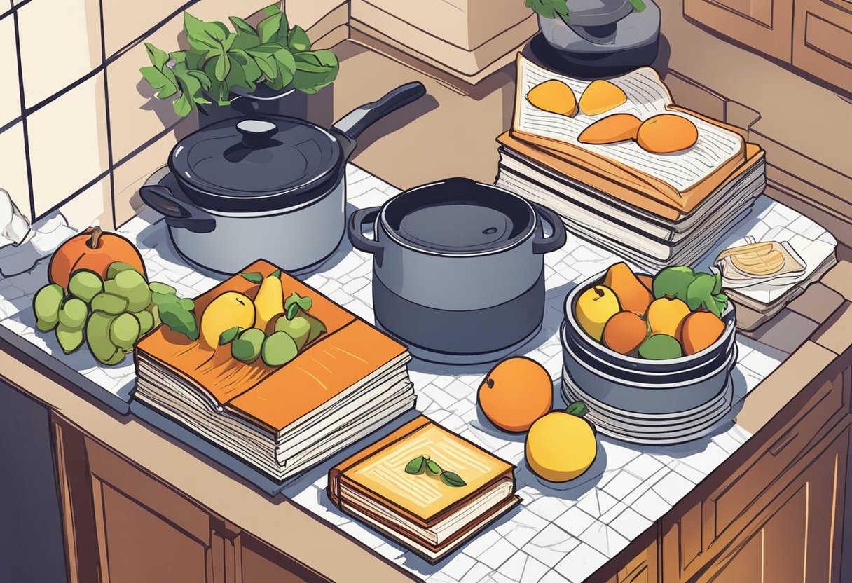 A kitchen counter with a stack of cookbooks, a bowl of fresh fruits, and a steaming pot on the stove