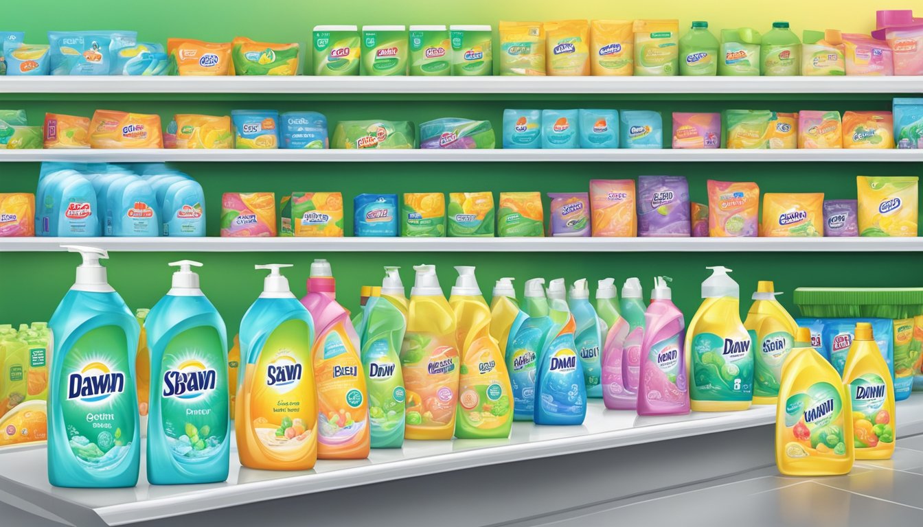 A grocery store shelf displays Dawn dish soap in Singapore, with colorful packaging and clear labeling