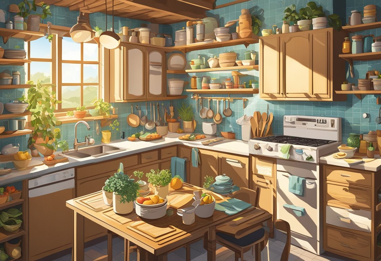 A cluttered kitchen with quotes on the walls, utensils hanging, and ingredients on the counter. Sunlight streams through the window, creating a warm and inviting atmosphere
