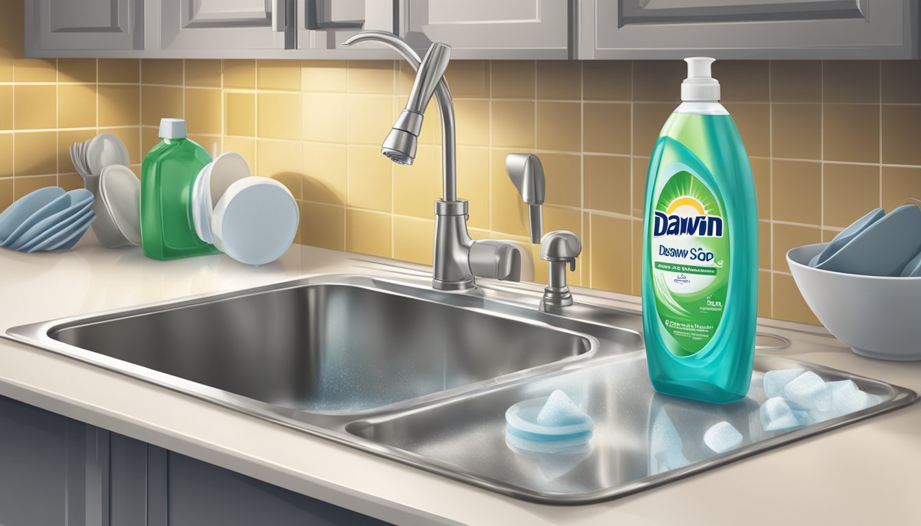 A kitchen sink with a bottle of Dawn dish soap next to a pile of dirty dishes, with sparkling clean dishes in the background