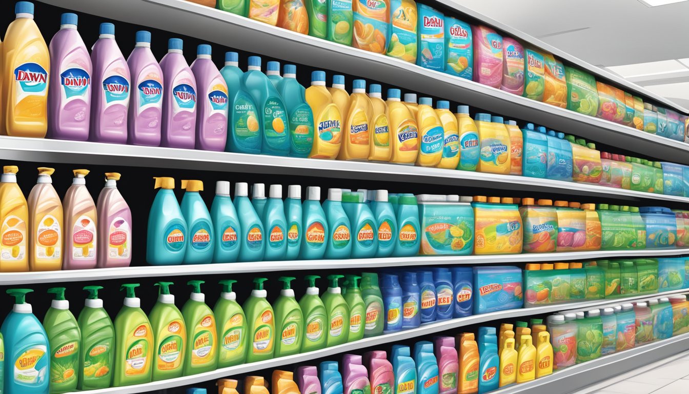 A grocery store shelf stocked with various sizes of Dawn dish soap bottles in Singapore