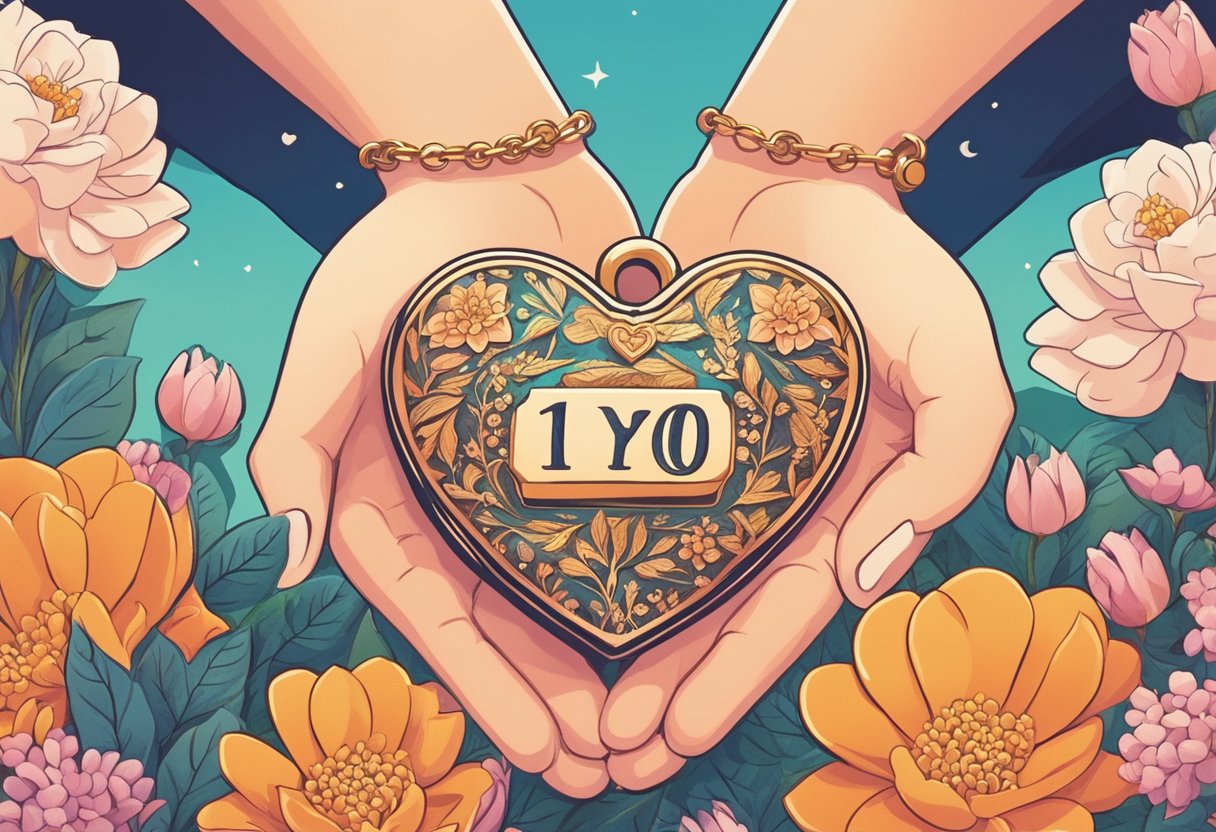 A couple's hands holding a heart-shaped locket with "10 years" engraved on it, surrounded by blooming flowers and a sunset in the background
