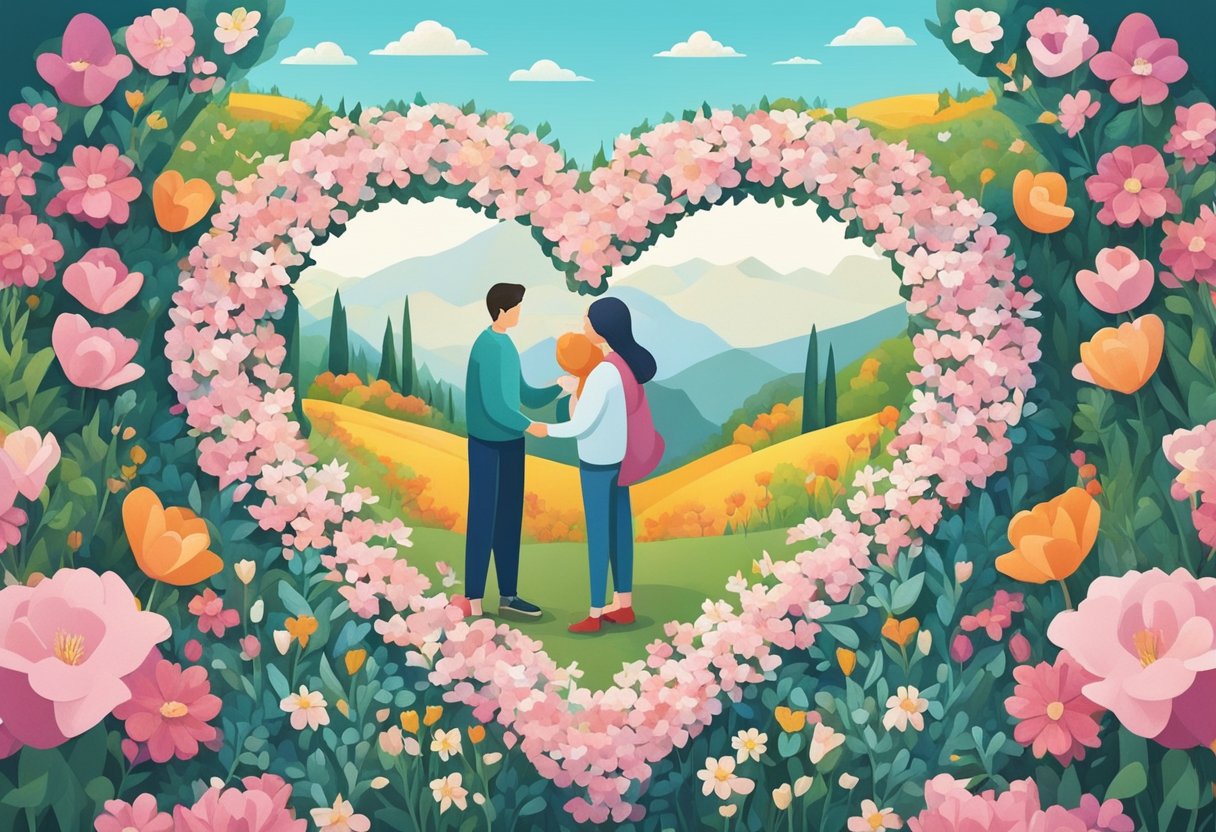 A couple embraces, surrounded by blooming flowers and a heart-shaped sculpture, as they exchange heartfelt words of love and devotion on their 10th anniversary