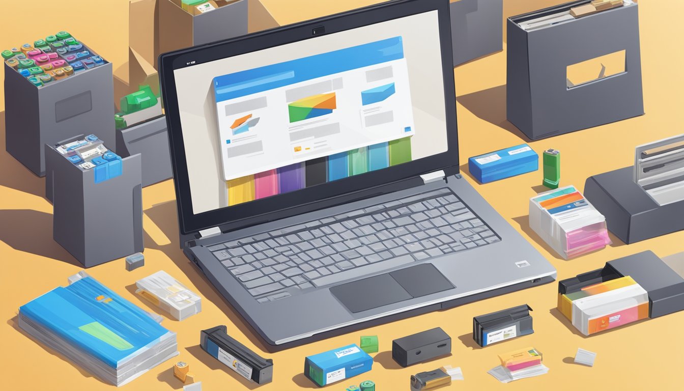 A laptop with a browser open to a website selling printer cartridges, surrounded by various cartridges and packaging materials