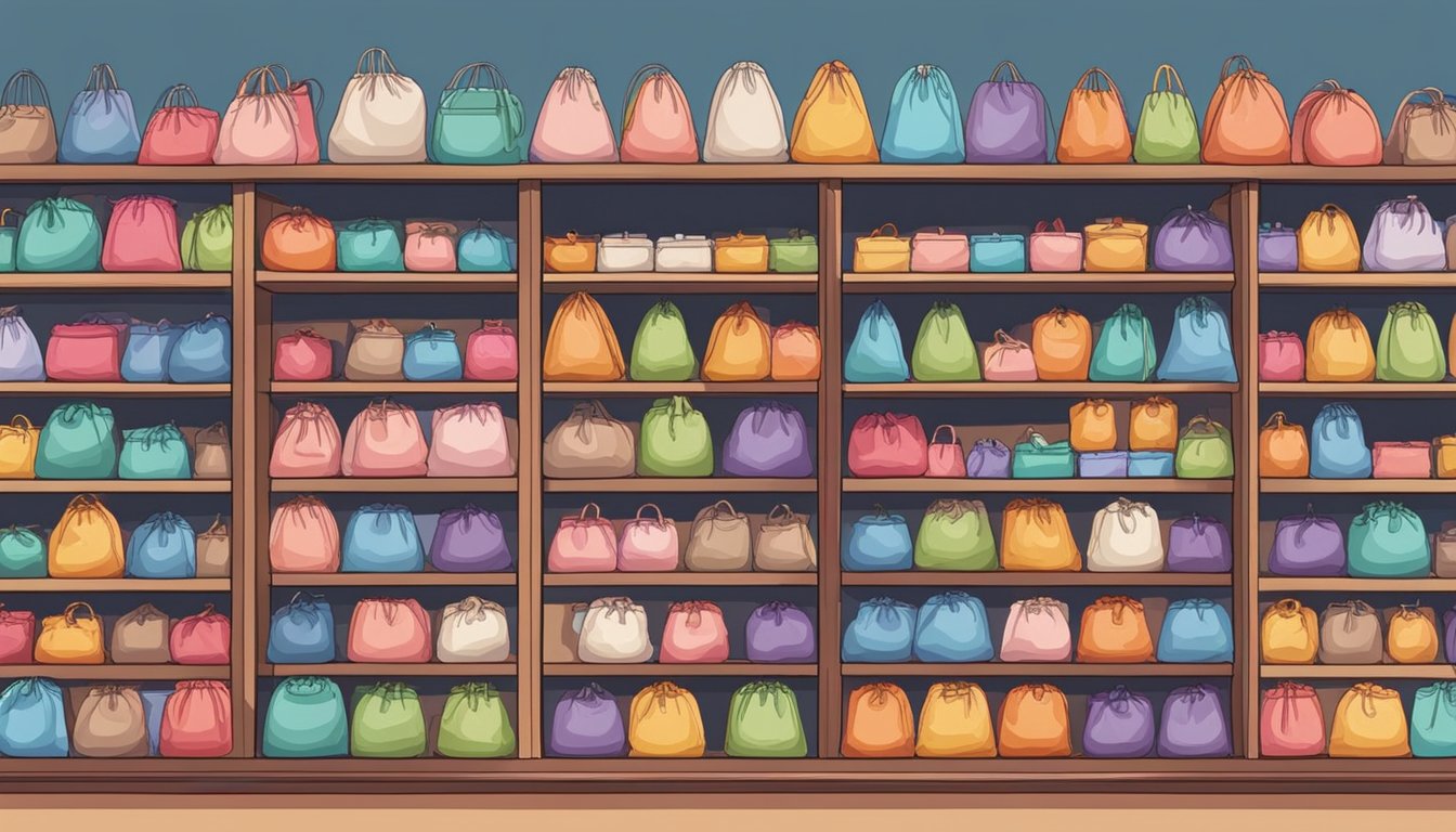 A display of drawstring bags in a brightly lit store in Singapore. Shelves neatly organized with a variety of colors and designs