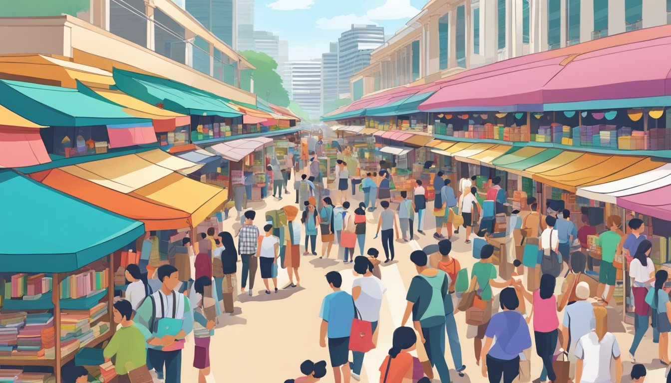 A bustling marketplace in Singapore, with colorful book stalls and eager customers searching for cheap reads