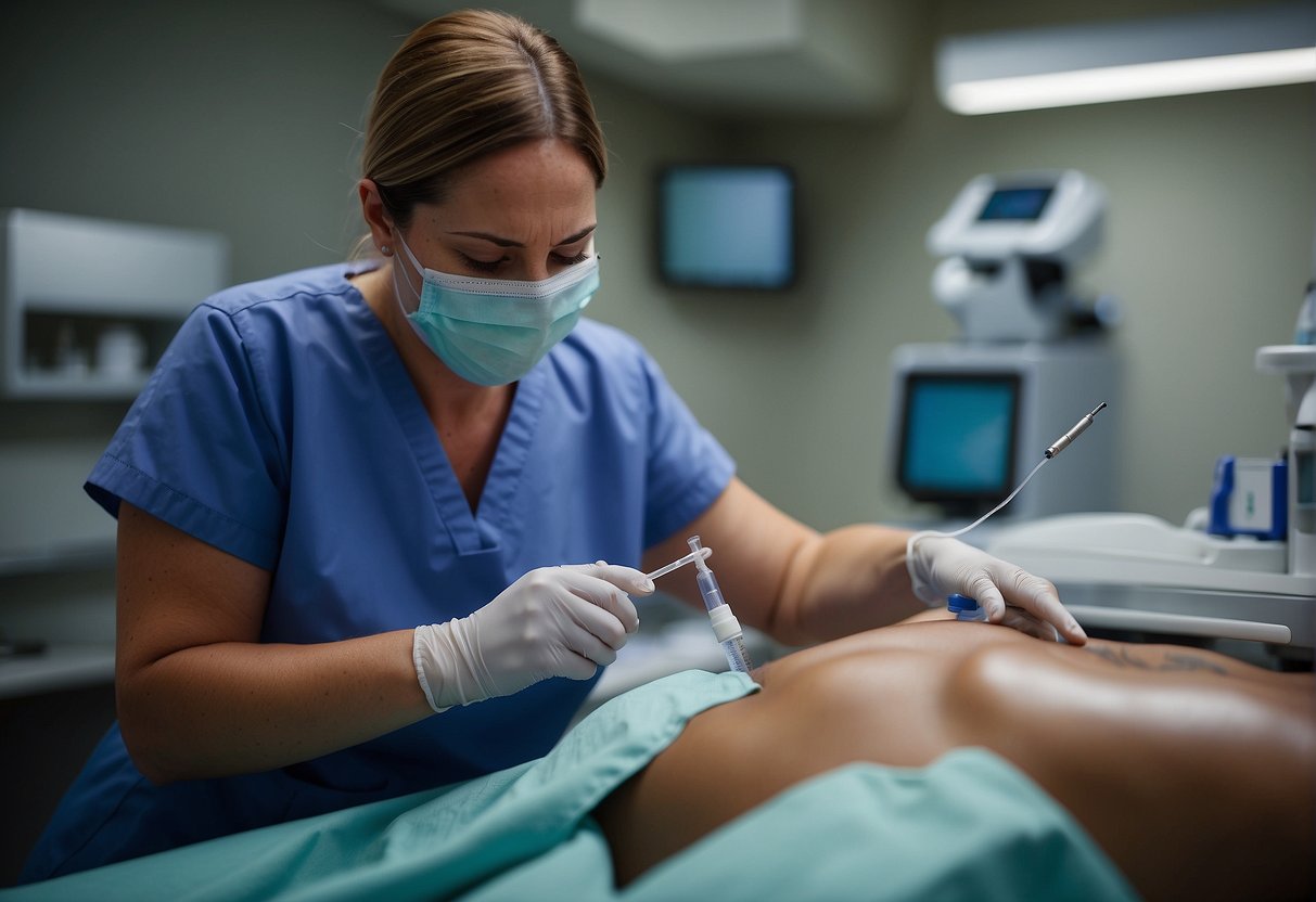 A medical professional administers PRP injection into a patient's affected area using a syringe and sterile equipment in a modern clinic setting in Phoenix, Arizona