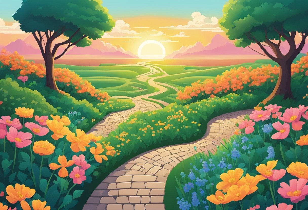 A winding path stretches ahead, flanked by lush greenery and blooming flowers. A pair of footprints marks the ground, leading towards a radiant sunset on the horizon