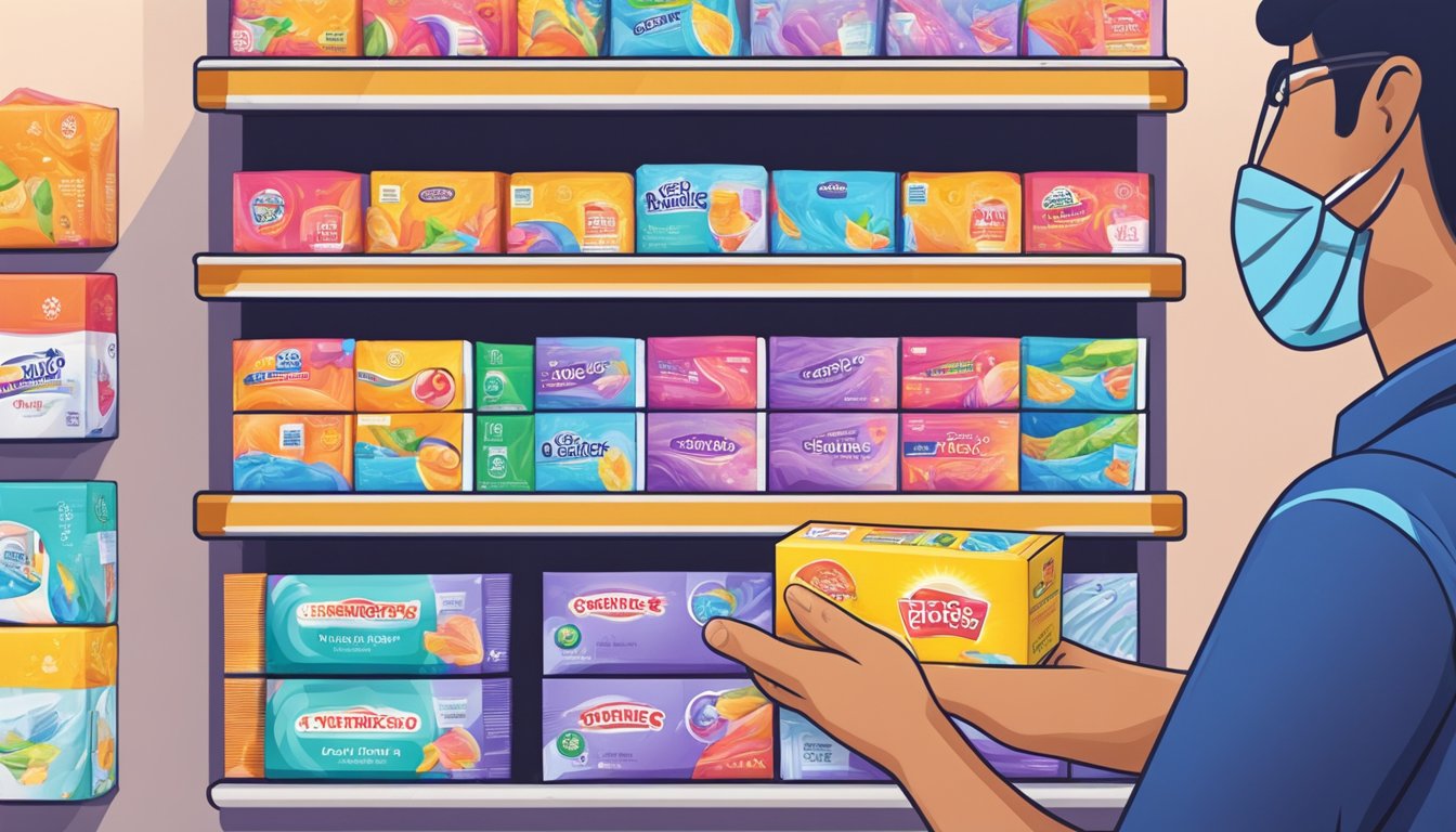 A hand reaches for a box of dryer sheets on a store shelf in Singapore. The packaging features vibrant colors and a prominent logo