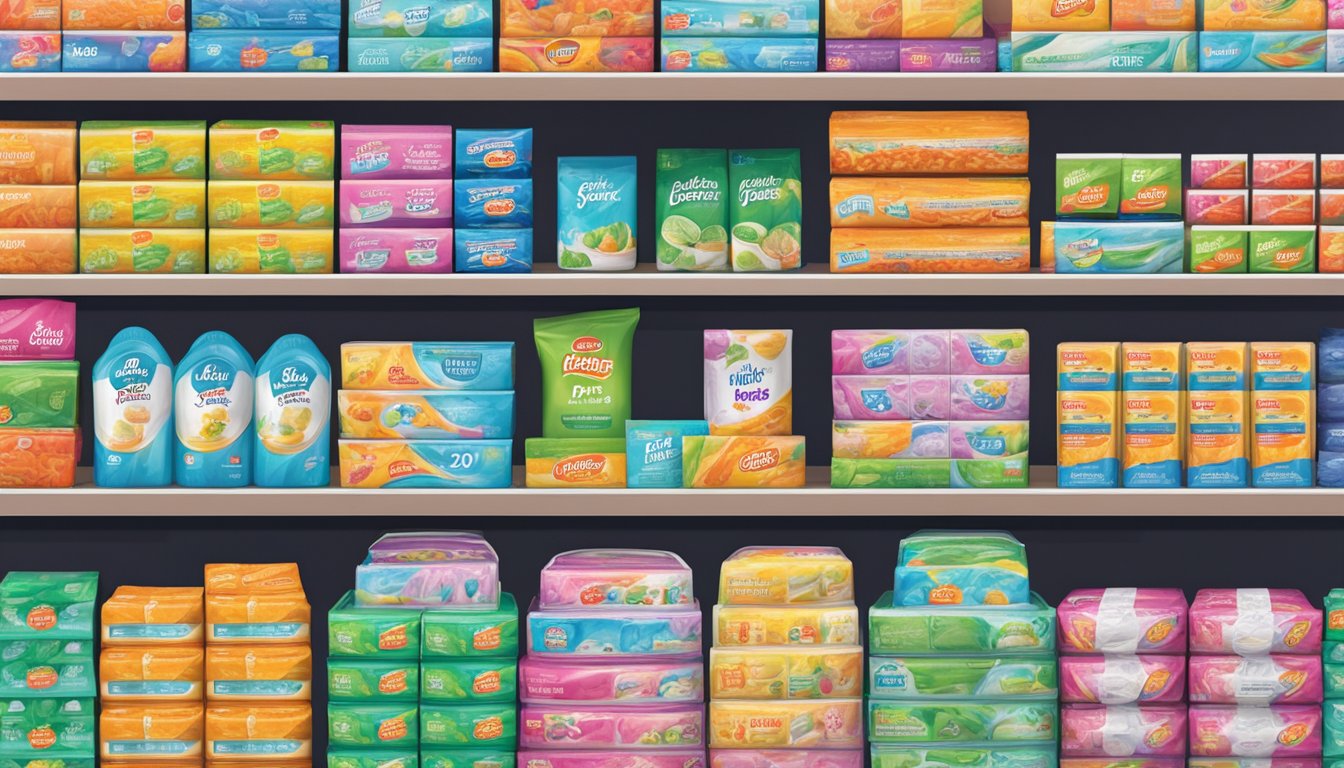 The shelves of a well-stocked supermarket display various brands of dryer sheets in vibrant packaging, neatly organized and easily accessible for purchase in Singapore