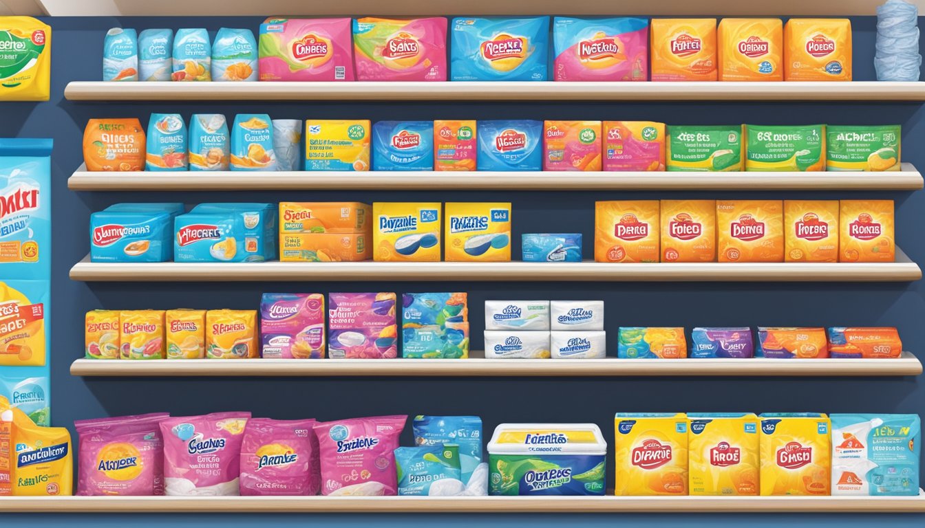 Various dryer sheet brands displayed on shelves in a Singaporean store. Bright packaging and bold logos stand out