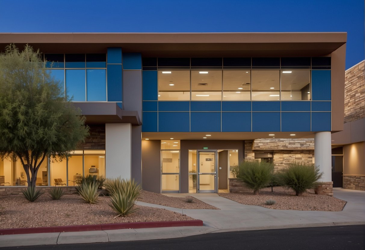 A modern clinic in Phoenix, Arizona offers PRP injection treatment. The building is sleek and inviting, with a prominent sign displaying the clinic's name