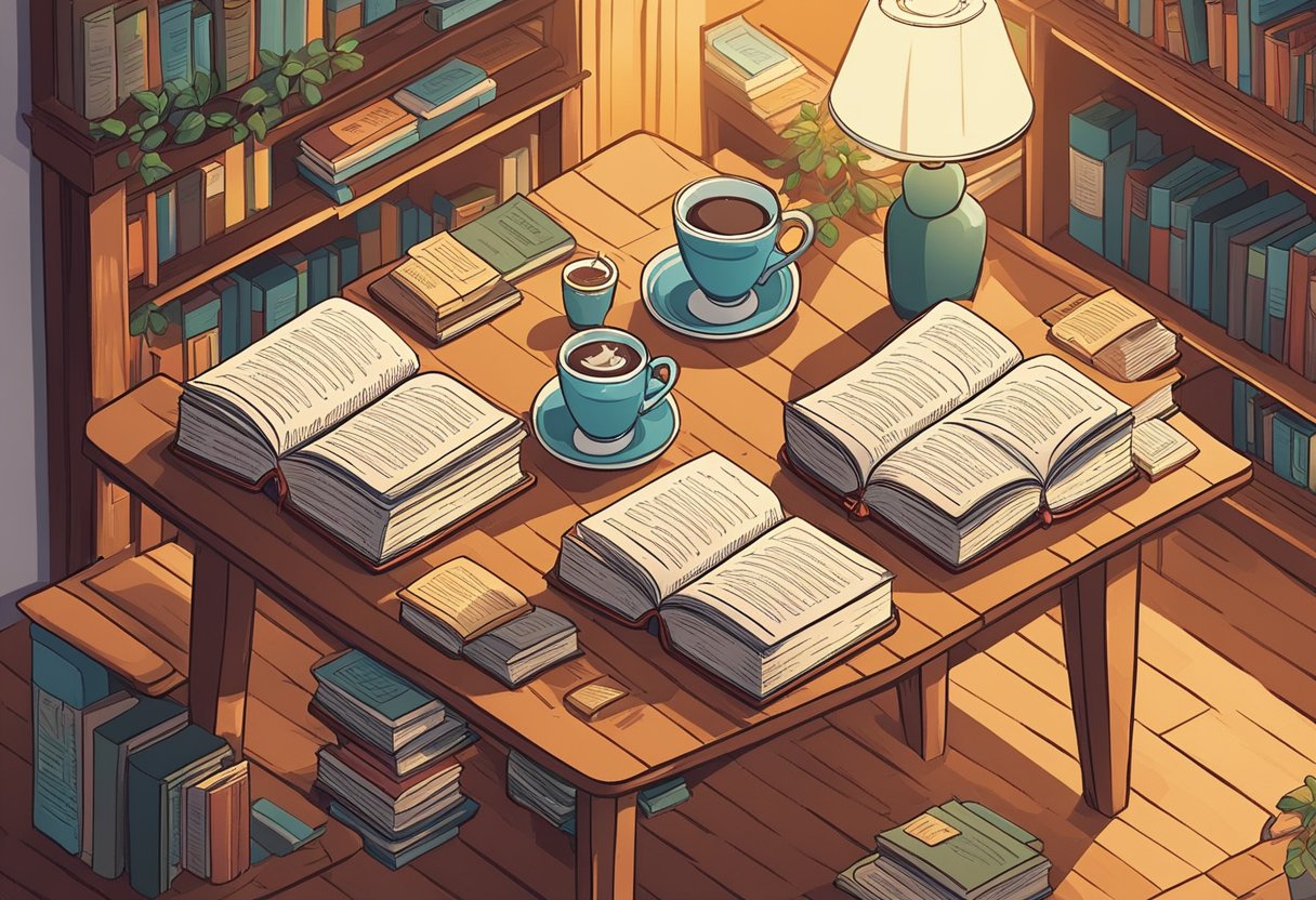 A table scattered with open books, each with a quote about adoption. A warm, cozy atmosphere with soft lighting and a cup of tea nearby