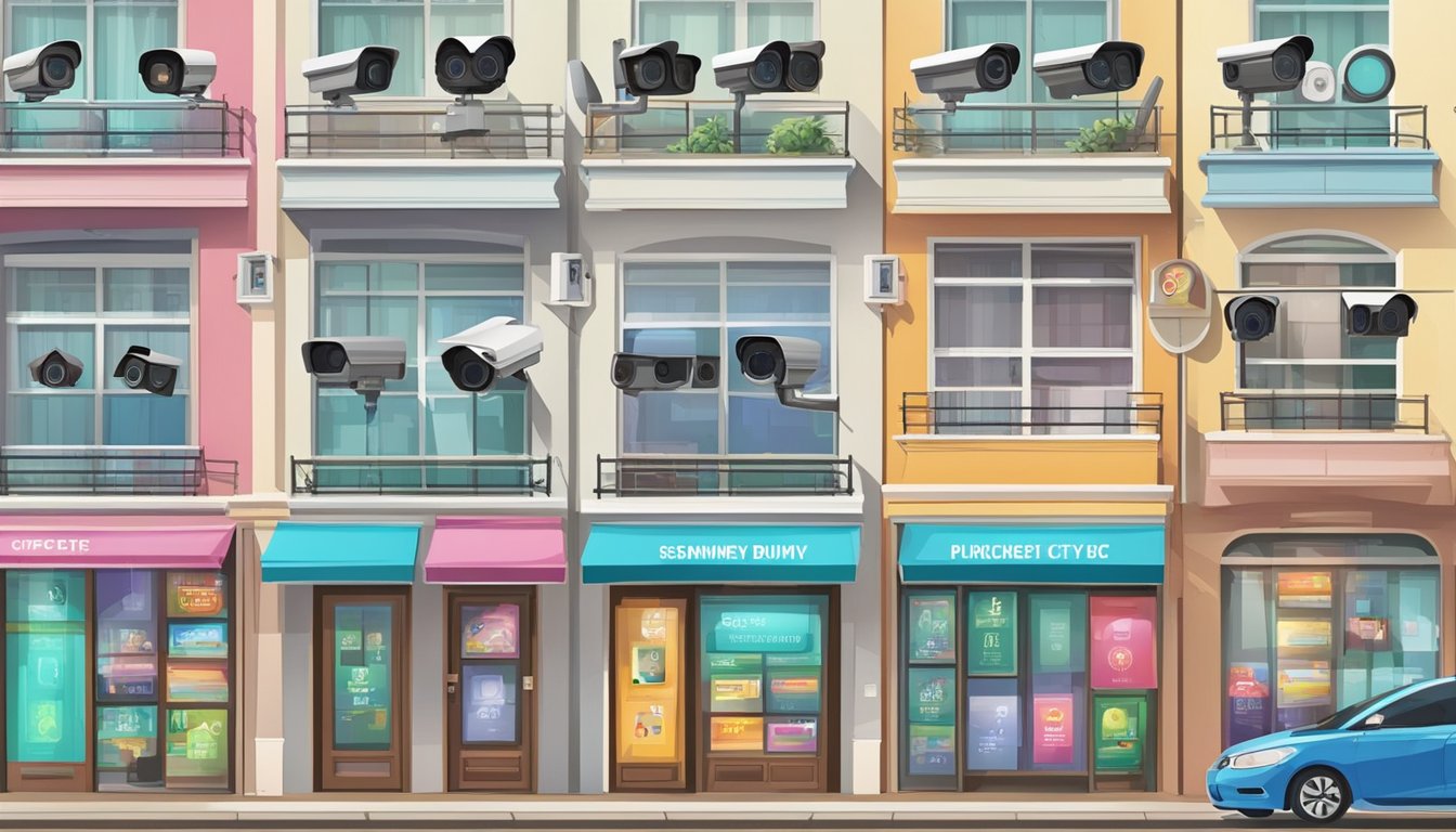 A row of storefronts in Singapore, displaying various models of dummy CCTV cameras. Brightly colored signs advertise the best shops for purchasing dummy CCTV in the city