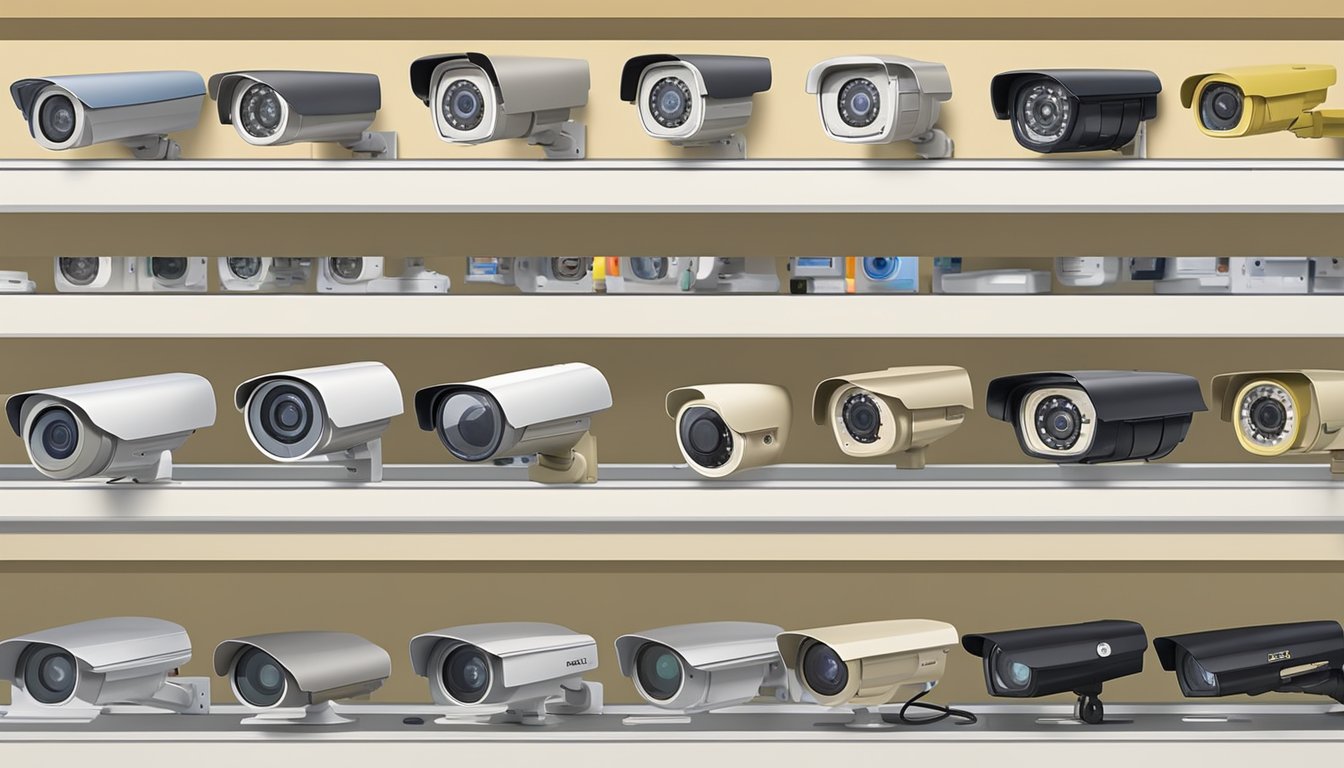 A display of dummy CCTV cameras in a Singaporean store, with various models and price tags visible