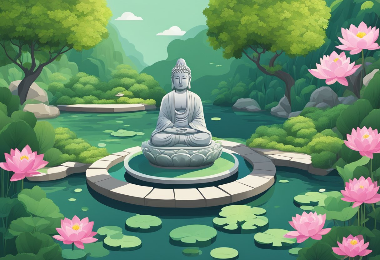 A tranquil garden with a flowing stream, blooming lotus flowers, and a serene stone Buddha statue surrounded by lush greenery