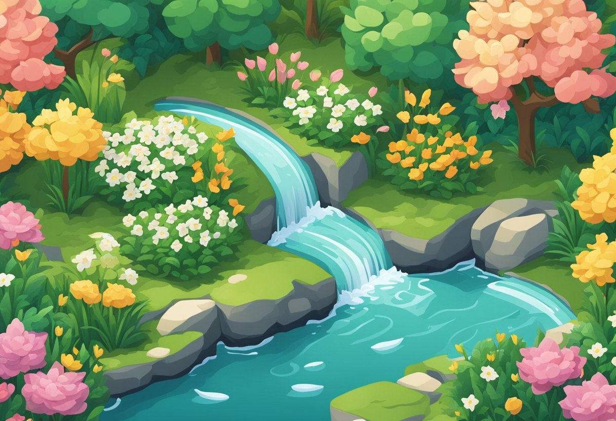 A serene garden with a flowing stream, surrounded by lush greenery and blooming flowers. A peaceful atmosphere with a sense of tranquility and harmony