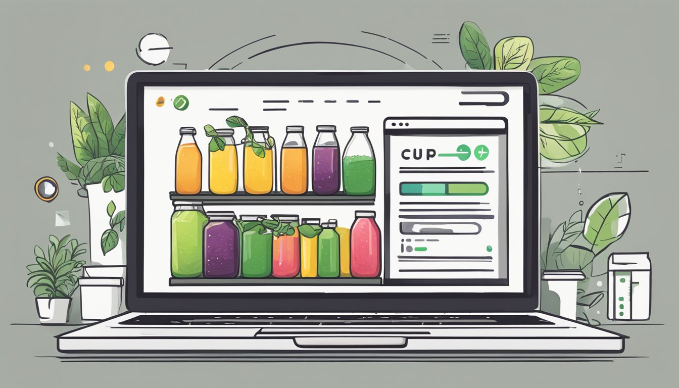 A laptop displaying a website with various cold pressed juice options. A cursor hovers over the "buy now" button