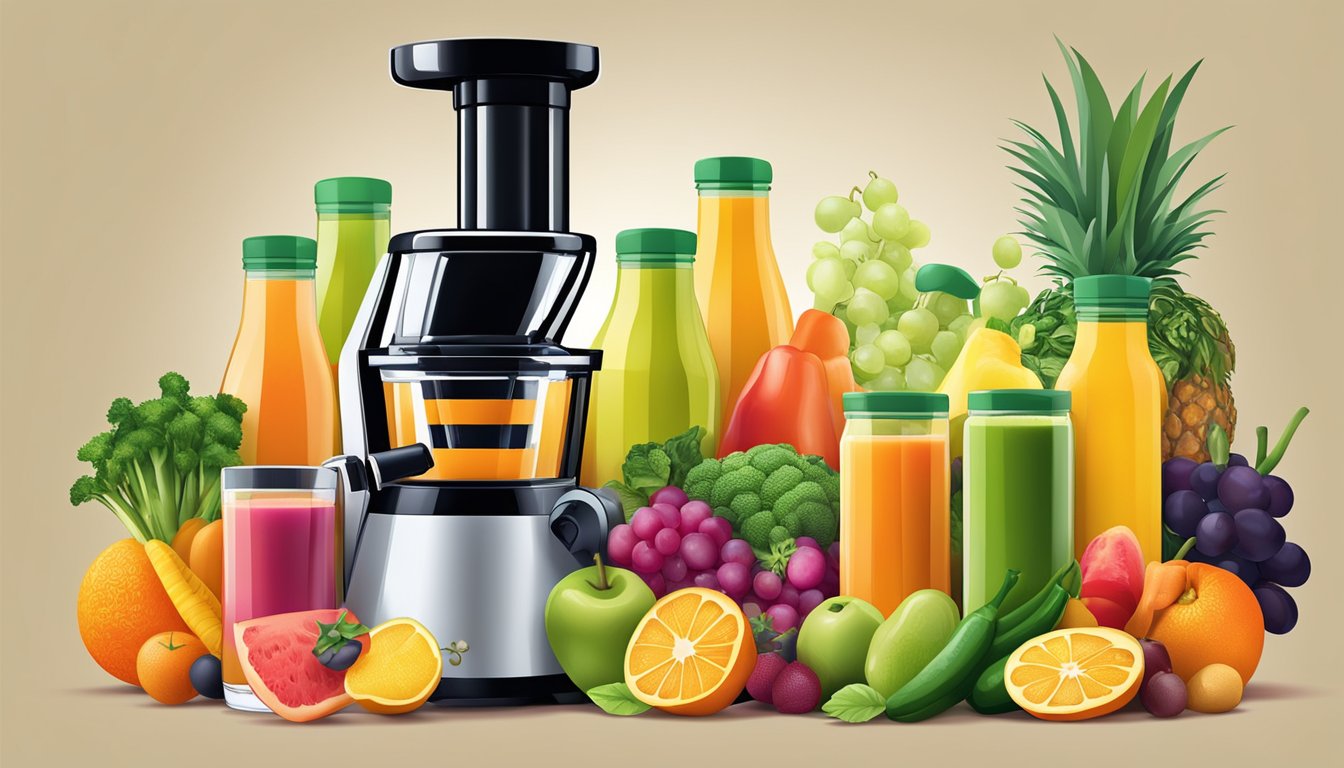 A colorful array of fresh fruits and vegetables, a sleek juicer, and bottles filled with vibrant cold pressed juices