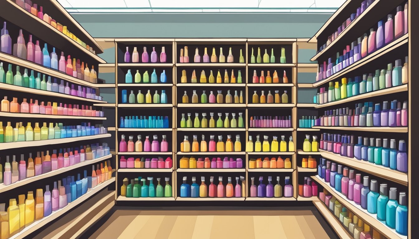 A colorful display of dye bottles on shelves in a Singaporean art supply store