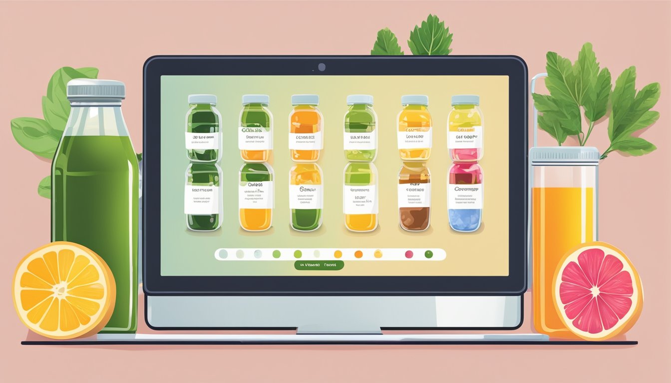 A computer screen displays a variety of cold pressed juice options on an online store. A cursor hovers over the "Add to Cart" button