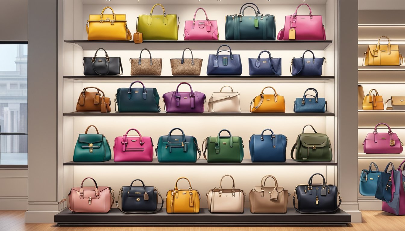 A colorful display of Coach bags arranged on shelves, with the latest collection featured prominently. Bright lighting and sleek, modern fixtures create a stylish and inviting atmosphere