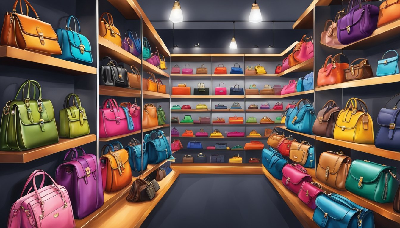 A colorful array of Coach bags displayed on shelves, with a variety of styles and sizes. Bright lights illuminate the luxurious accessories, creating a stylish and inviting atmosphere