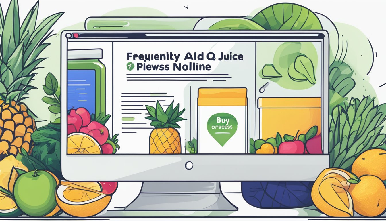 A computer screen displaying a webpage with the title "Frequently Asked Questions buy cold pressed juice online" and a list of questions and answers below