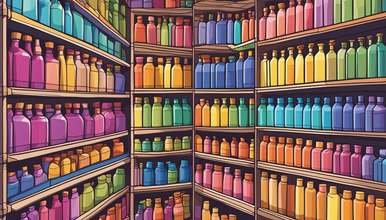 A colorful array of fabric dyes lines the shelves of a Singaporean shop. Brightly colored bottles and packets of dye are neatly organized, ready for purchase