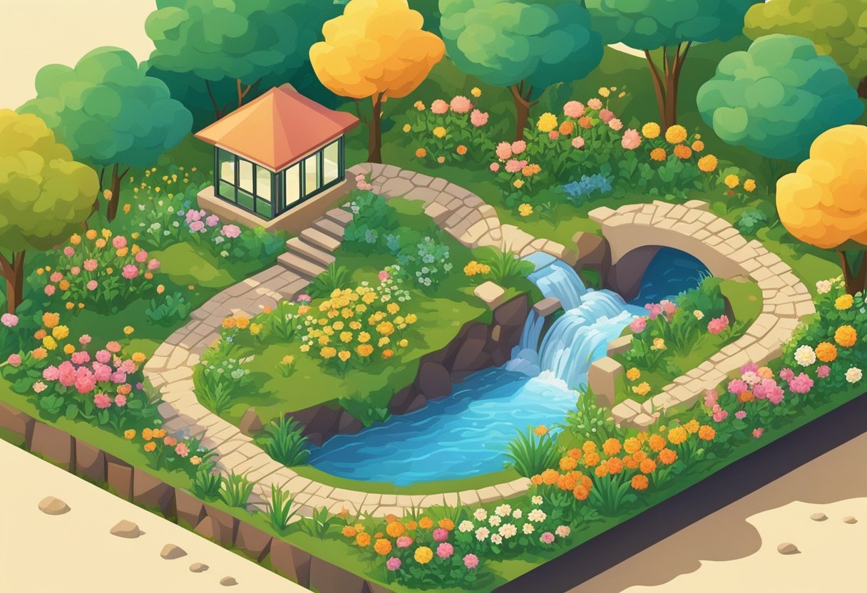 A peaceful garden with a flowing stream, surrounded by lush greenery and colorful flowers. A gentle breeze rustles the leaves as the sun sets in the distance