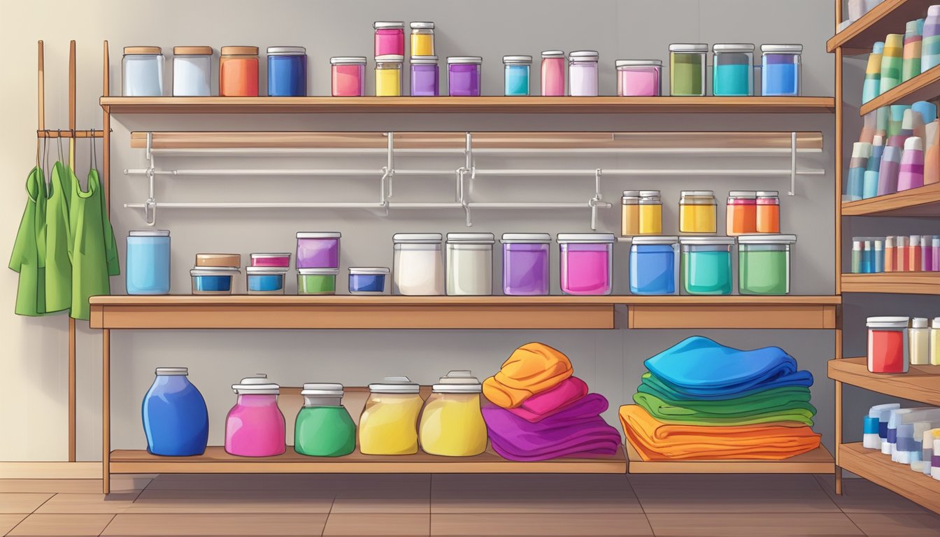 A table with various dyeing essentials: dye, fabric, gloves, and tools. Shelves stocked with different dye colors. A sign indicating "Where to buy dye in Singapore."
