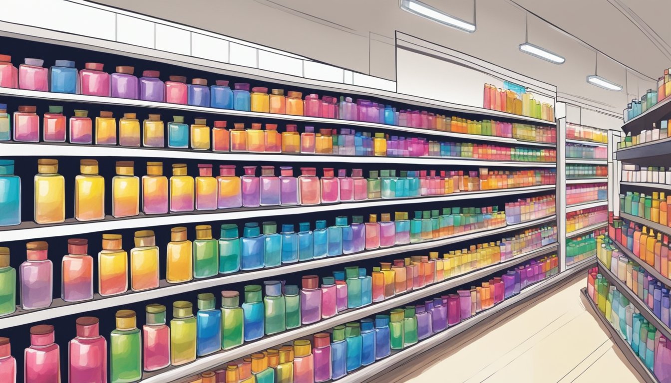 A colorful display of dye bottles on shelves in a Singaporean store. Customers browsing and purchasing products