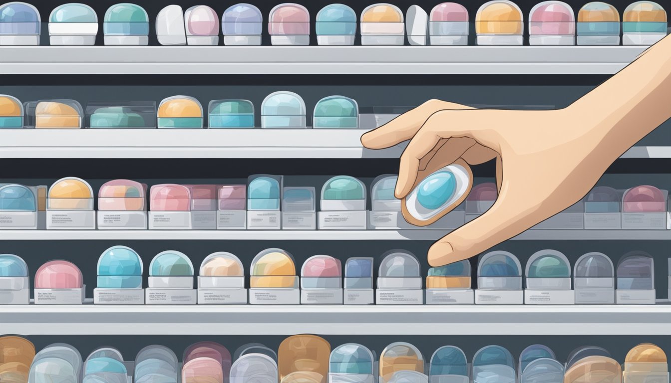 A hand reaches for a box of contact lenses on a shelf in a Singaporean optometry store