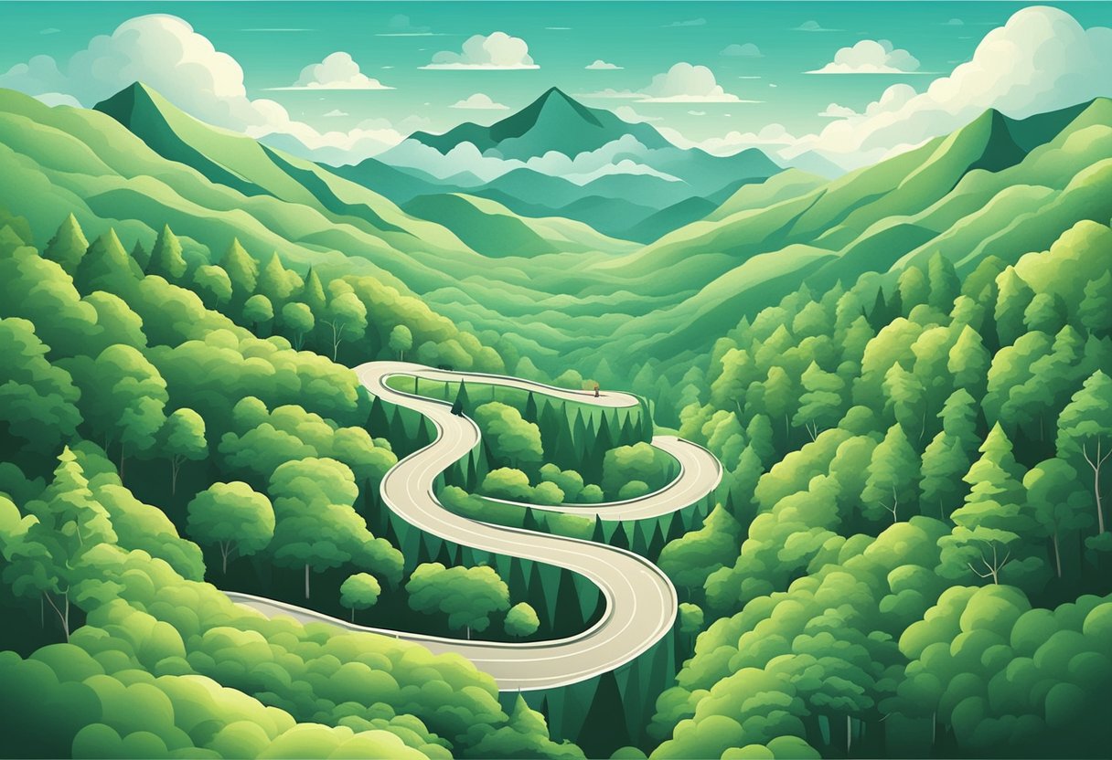 A winding road leading into a misty forest with mountains in the distance. A quote appears in the sky formed by clouds