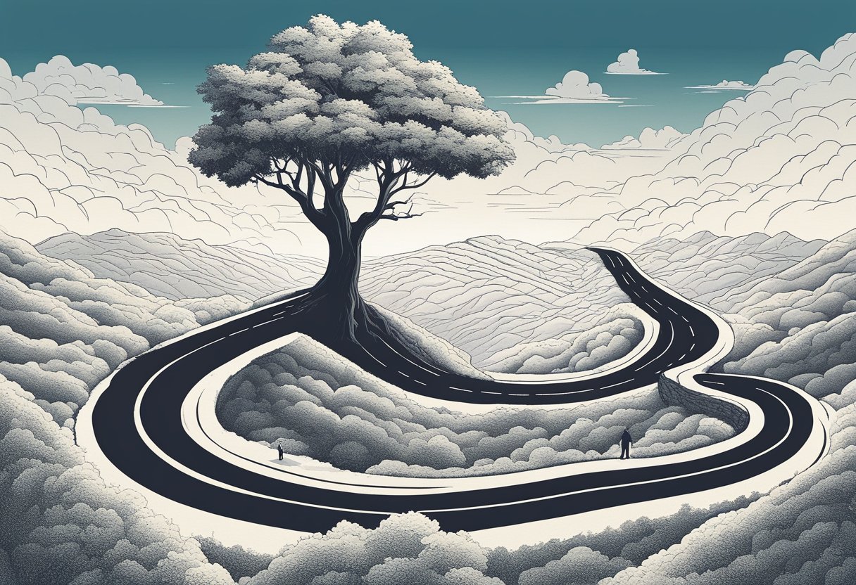 A winding road stretches out into the distance, disappearing into the horizon. A lone tree stands tall against the vast expanse, symbolizing the journey ahead