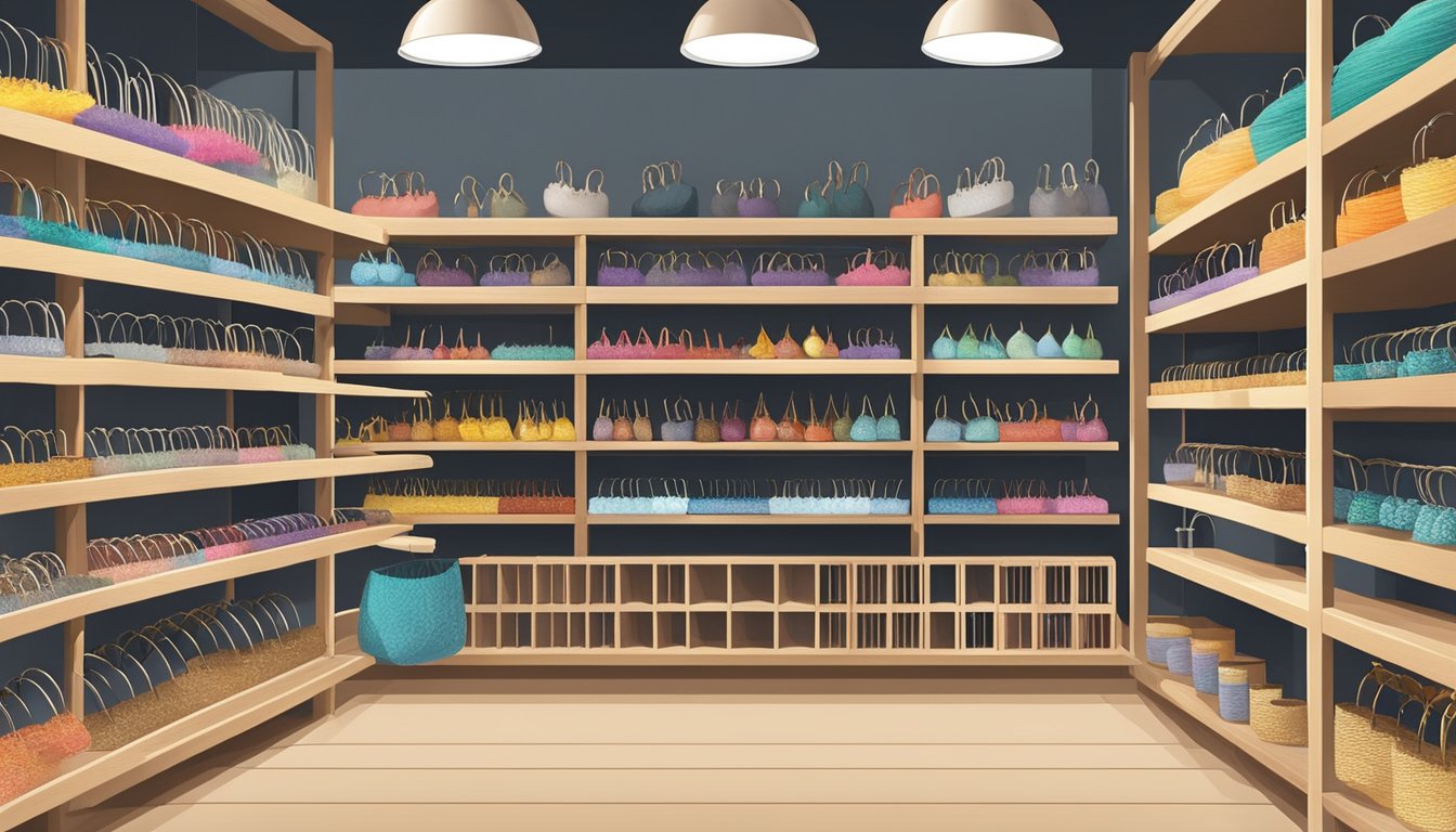 A display of earring hooks at a craft store in Singapore. Shelves neatly organized with various sizes and materials. Bright lighting highlights the products