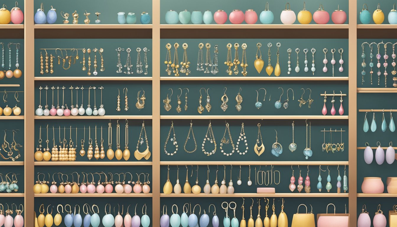 A display of earring hooks in various sizes and styles, neatly arranged on shelves in a well-lit craft store in Singapore