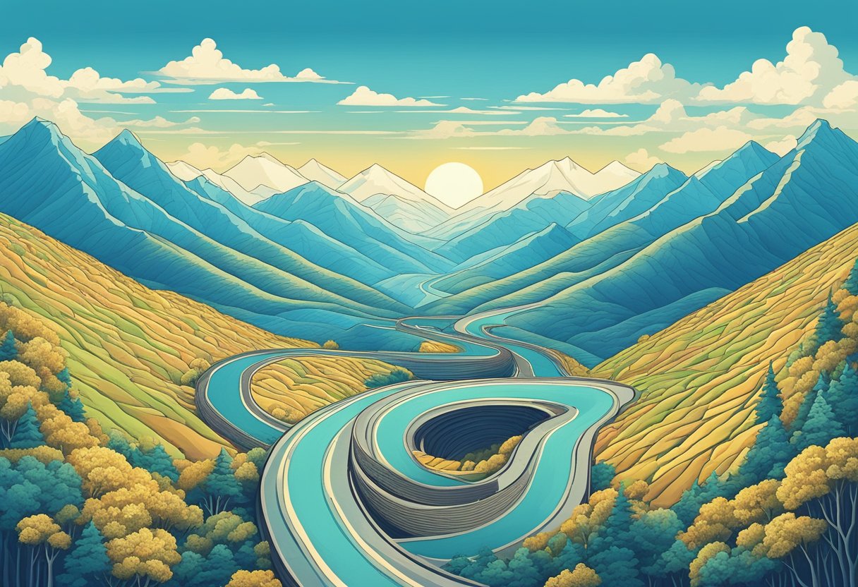 A winding road disappearing into the horizon, with mountains in the distance and a clear blue sky above