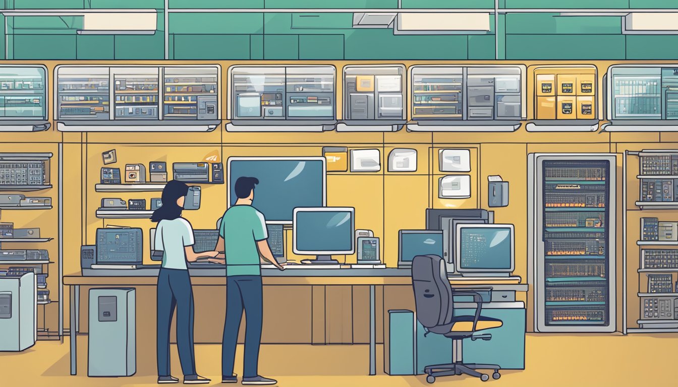 Customers browsing shelves of computer hardware, with a sign reading "Frequently Asked Questions: buy cpu singapore" overhead