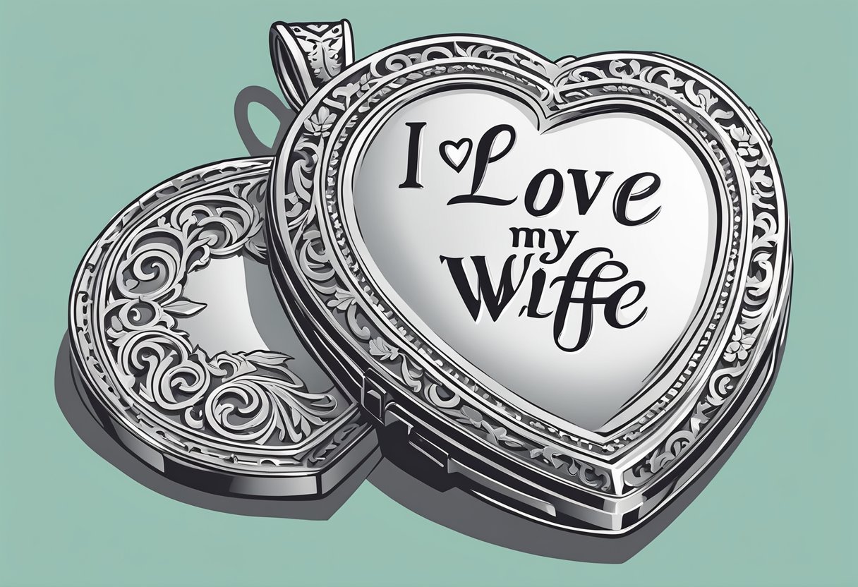 A heart-shaped locket with the words "I love my wife" engraved on it