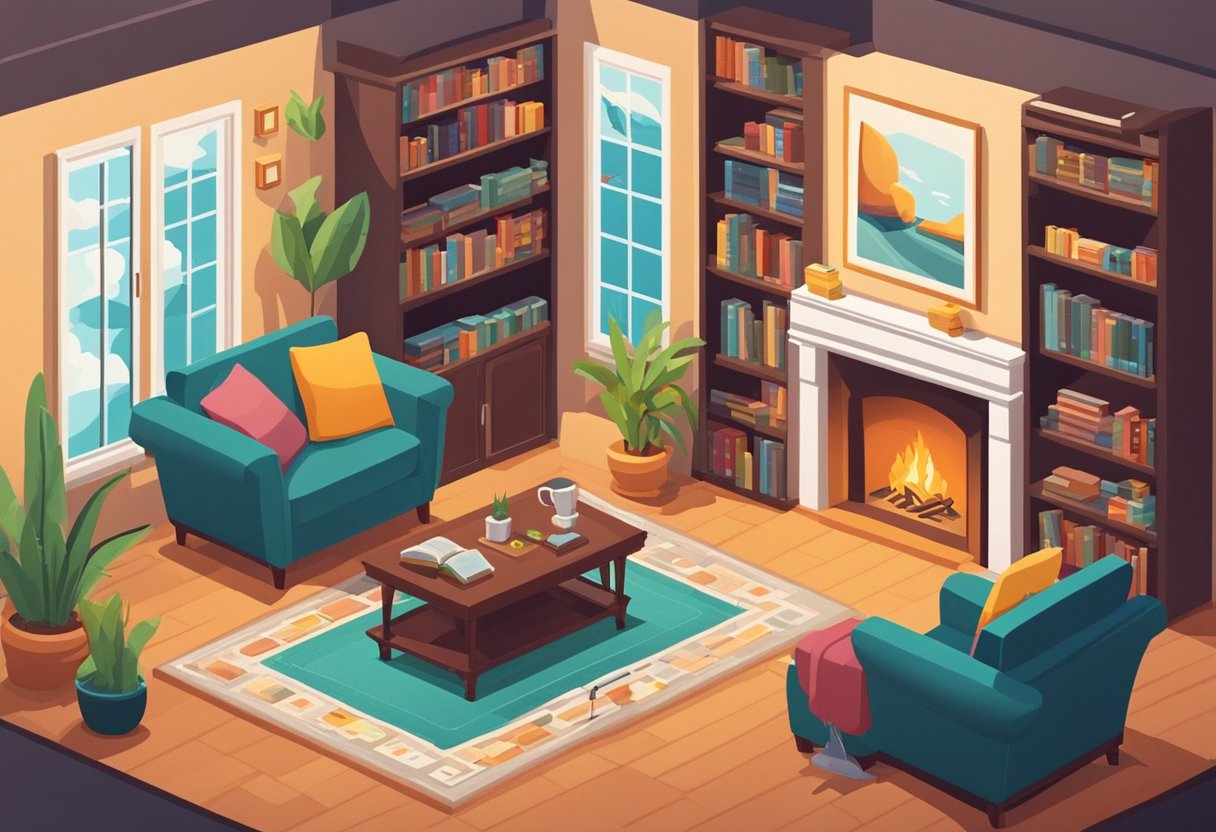 A cozy living room with a warm fireplace and two comfortable armchairs facing each other. A bookshelf filled with classic novels and a framed photo of a happy couple on the wall