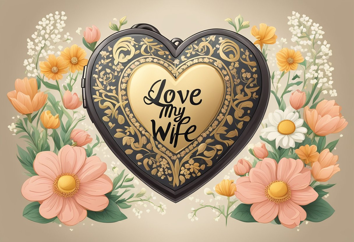 A heart-shaped locket with the words "I love my wife" engraved on it, surrounded by delicate flowers and a soft, romantic glow