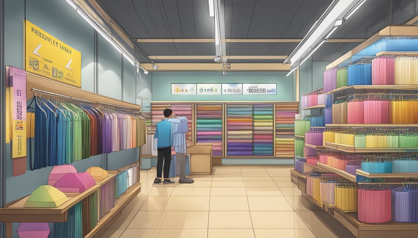 A display of various elastic strings in a Singaporean store, with clear signage indicating "Frequently Asked Questions: Where to Buy Elastic String in Singapore."