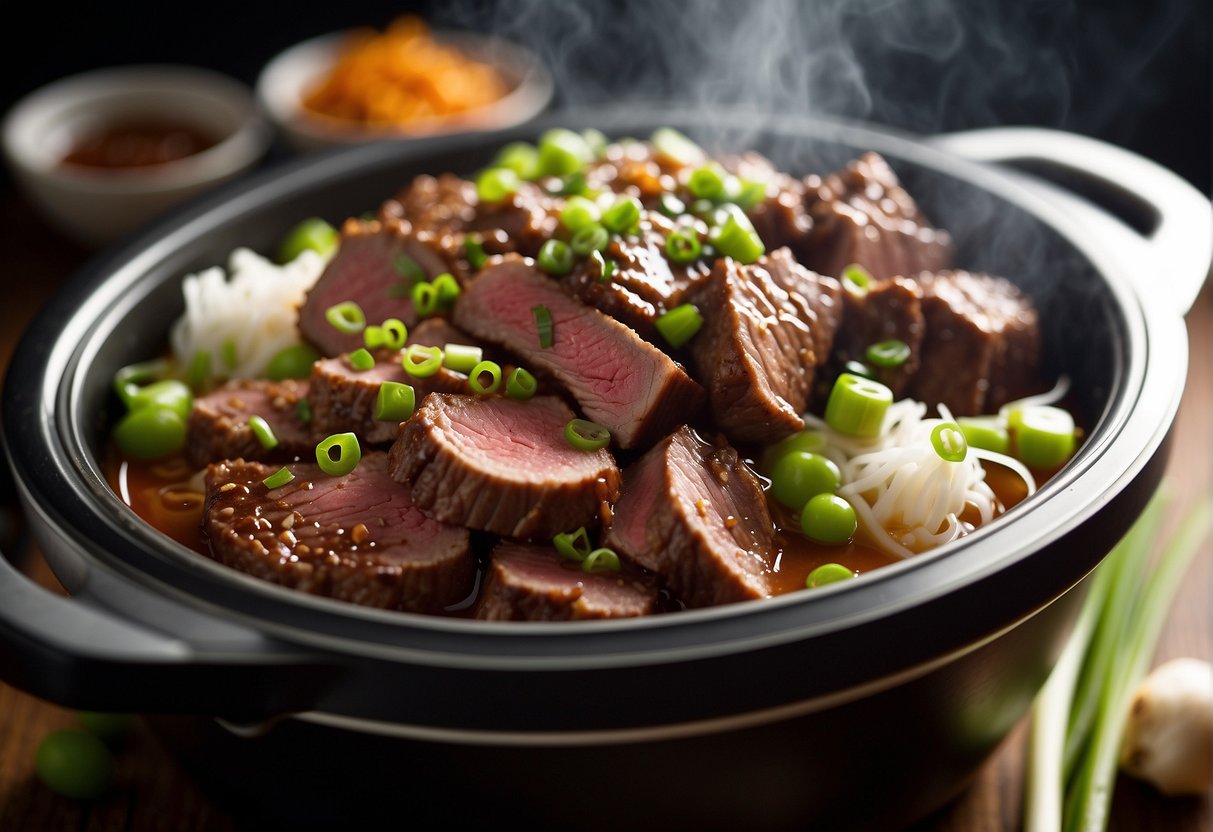 Sliced beef, ginger, garlic, soy sauce, and brown sugar simmering in a slow cooker. Aromatic steam rising, with vibrant green onions sprinkled on top