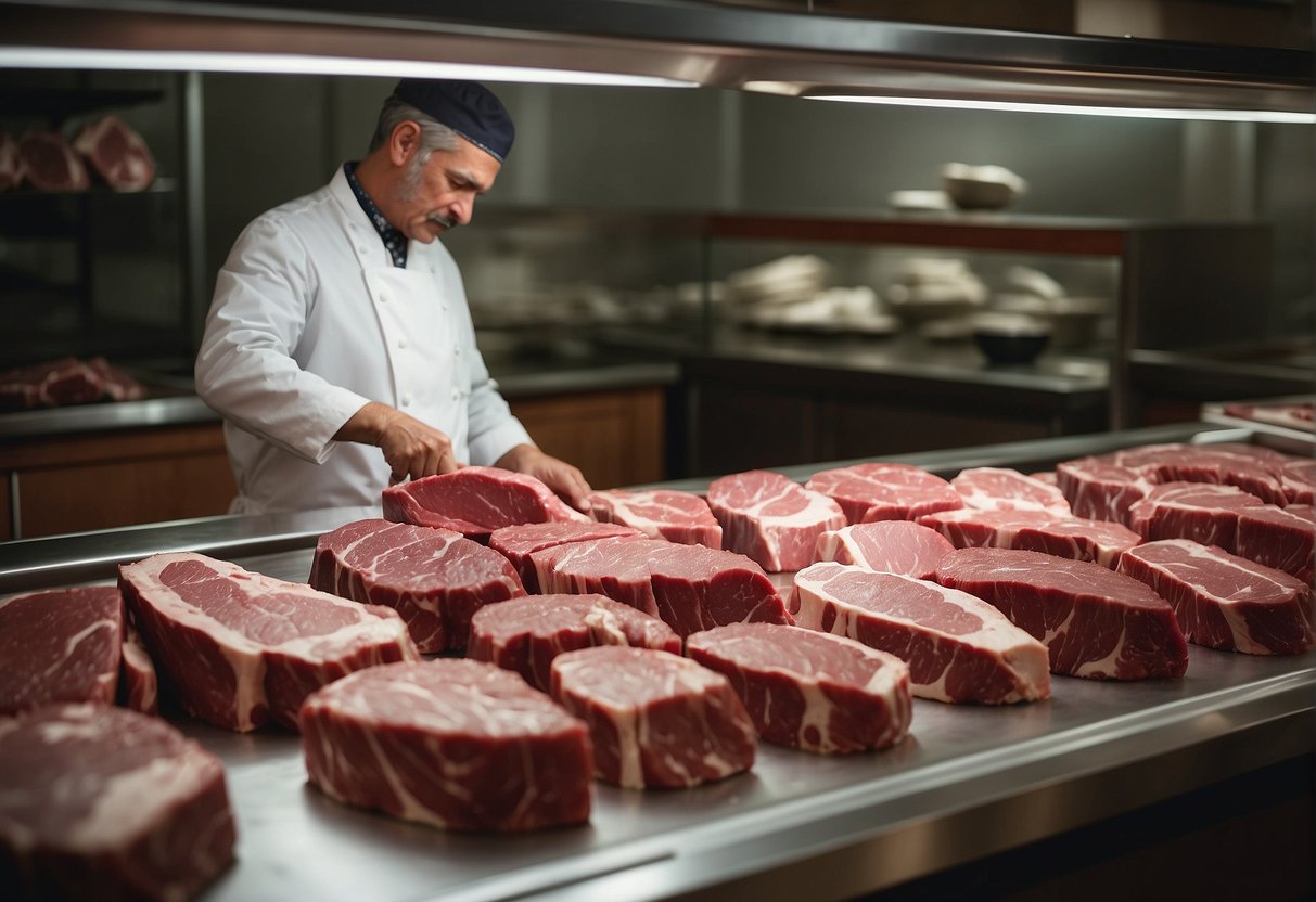 A butcher selecting a marbled piece of beef, labeled "Chuck" or "Round," from a display case
