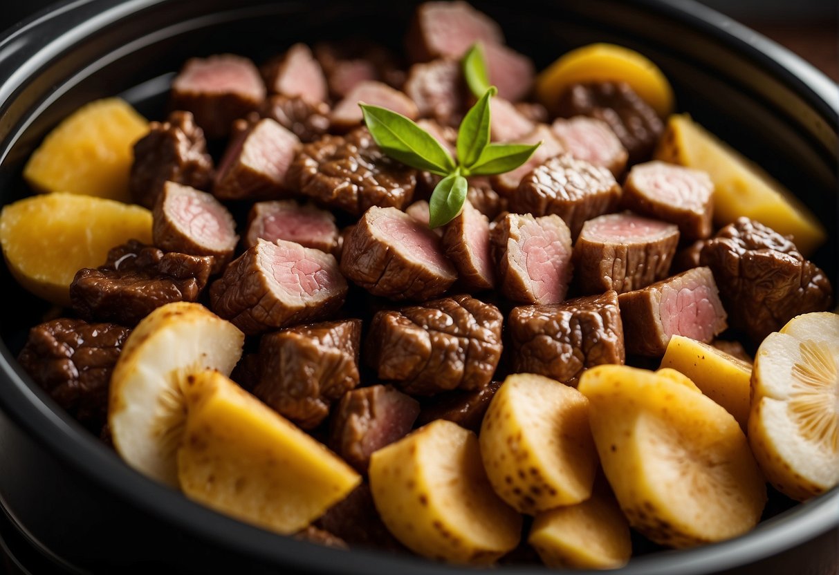 A colorful array of fresh ginger, garlic, soy sauce, and tender cuts of beef arranged around a slow cooker